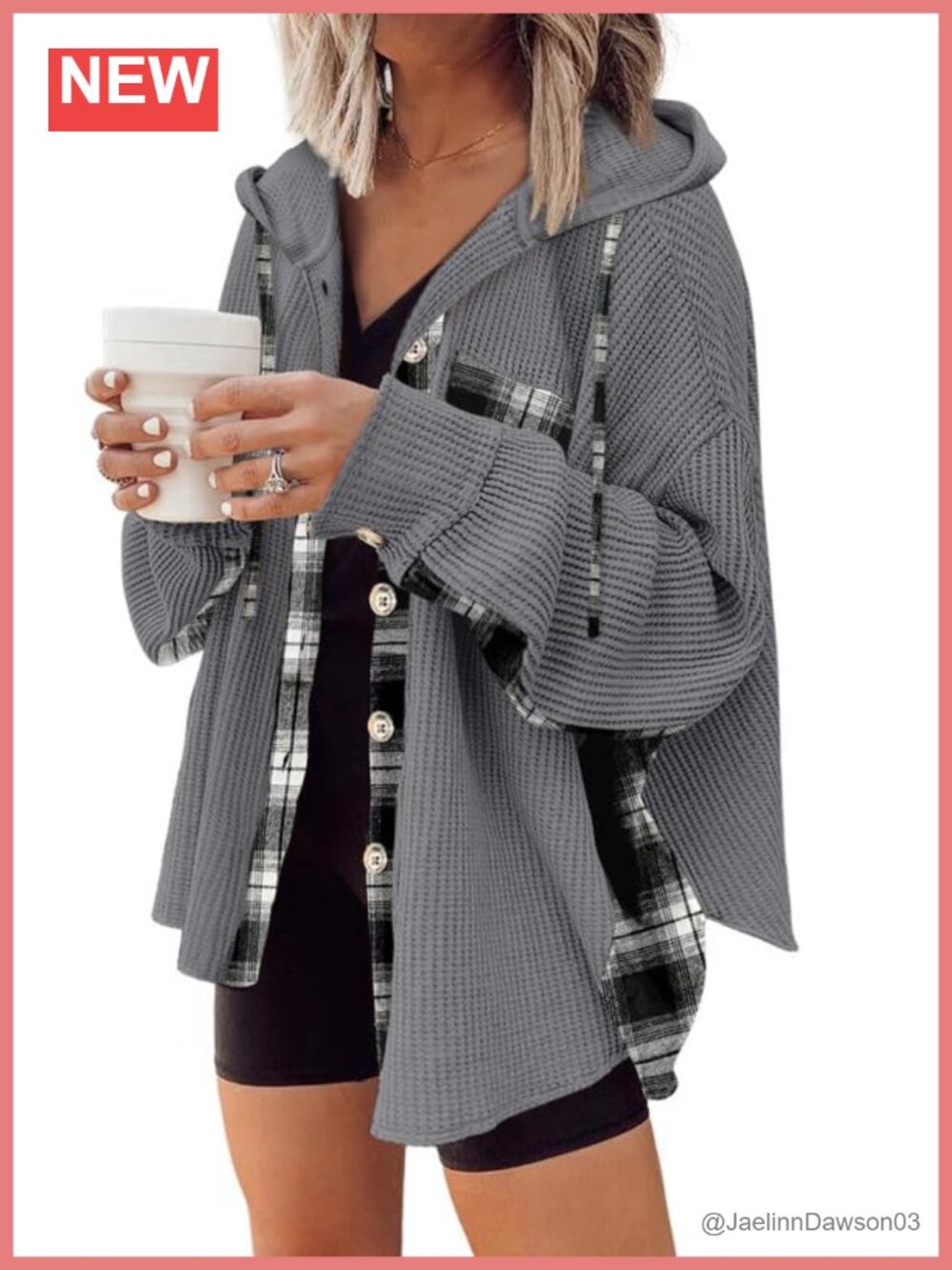 Waffle Knit Plaid Shacket Button Down Hooded Jacket